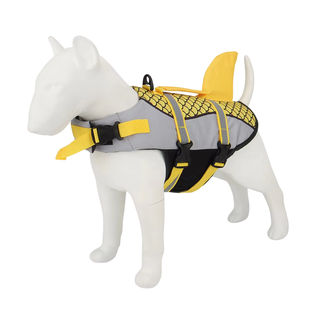 TideHound shark fin dog life vest on white