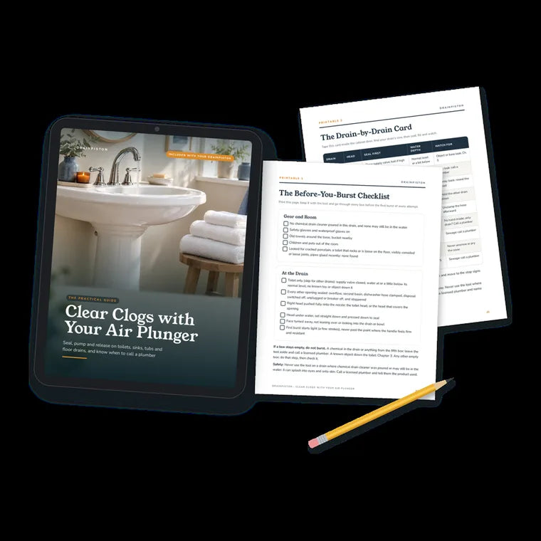 DrainPiston guide on a tablet with printable pages