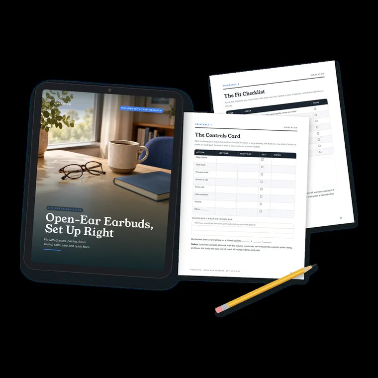 VibeLatch guide on a tablet with printable pages